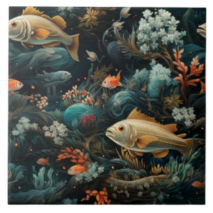 Azulejo Patrón de peces, mar azul oscuro, onírico