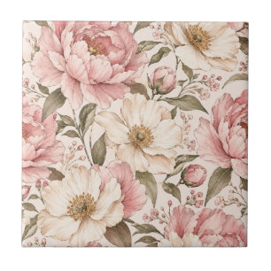 Azulejo Patrón de peonías florecidas vintage
