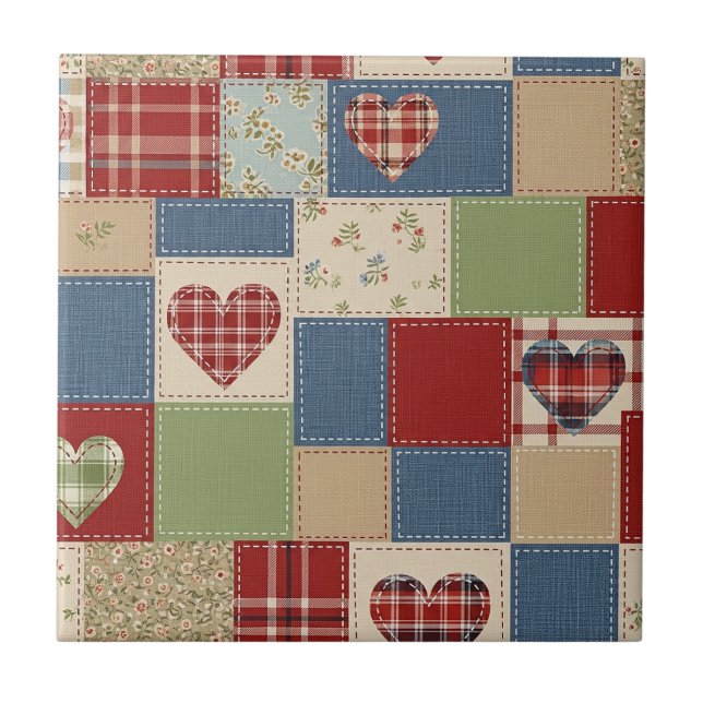 Azulejo Patrón de picnic de corazones de patchwork rústico (Frente)
