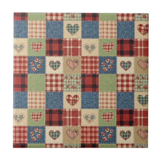 Azulejo Patrón de picnic de corazones de patchwork rústico (Frente)
