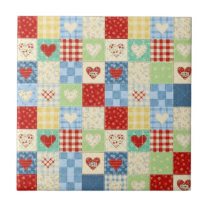 Azulejo Patrón de picnic de corazones de patchwork rústico
