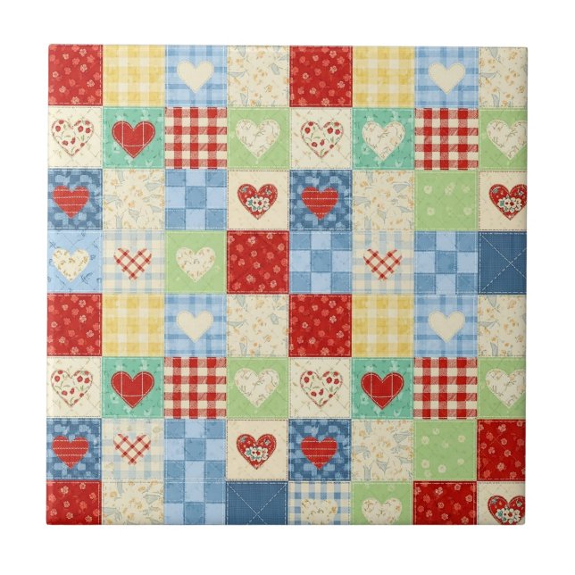 Azulejo Patrón de picnic de corazones de patchwork rústico (Frente)