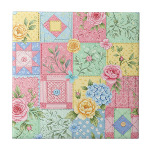 Azulejo Patrón de picnic de patchwork floral pastel (10)