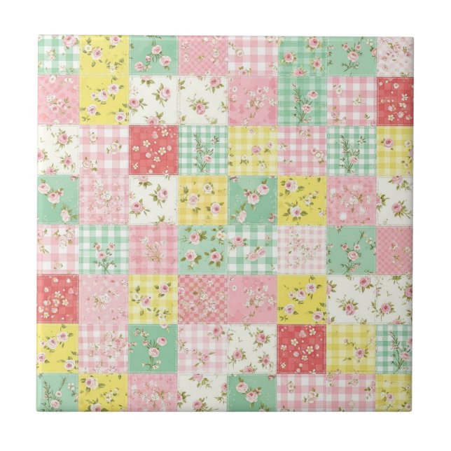Azulejo Patrón de picnic de patchwork floral pastel (6) (Frente)