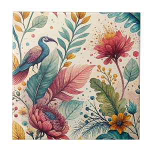 Azulejo Patrón de pintura en acuarela de aves tropicales y