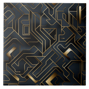 Azulejo Patrón de placa de circuito, negro y dorado, sin c