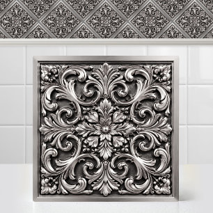 Azulejo Patrón de plata antigua con relieve de damasco vic