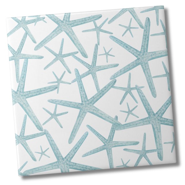 Azulejo Patrón de playa azul verde azulado (Teal Nautical Starfish Sea Shell Beach Pattern Ceramic Tile)