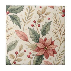 Azulejo Patrón de poinsettia y acebo – Navidad clásica