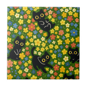 Azulejo Patrón de prado floral con gatos negros lindos