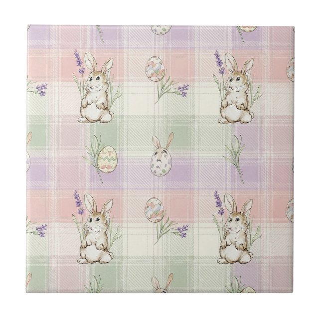 Azulejo Patrón de primavera de gingham de huevo de conejo  (Frente)