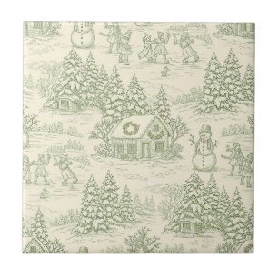 Azulejo Patrón de pueblo navideño vintage en verde Toile (