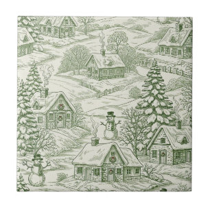 Azulejo Patrón de Pueblo Navideño Vintage Verde Toile