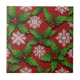 Azulejo Patrón de punto de acebo y copo de nieve festivo –