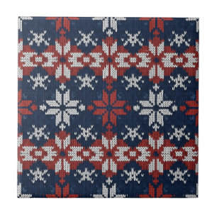 Azulejo Patrón de punto de copo de nieve nórdico en azul m