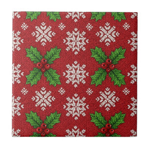Azulejo Patrón de punto festivo de acebo y copos de nieve