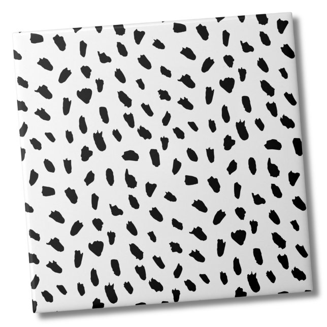 Azulejo Patrón de puntos simples blanco negro (Simple Messy Dots Pattern Black White Ceramic Tile)