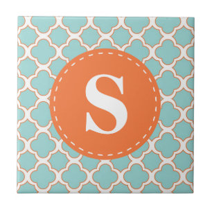 Azulejo Patrón de quatrefoil Naranja turquesa con monogra