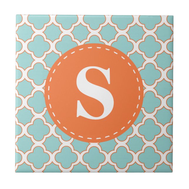 Azulejo Patrón de quatrefoil Naranja turquesa con monogram (Frente)