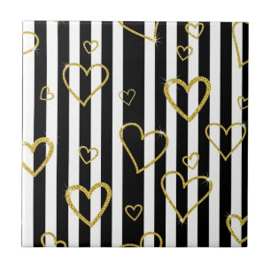 Azulejo Patrón de rayas con corazones dorados Preppy