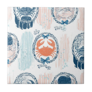 Azulejo Patrón de rayas costeras azul naranja cangrejo náu