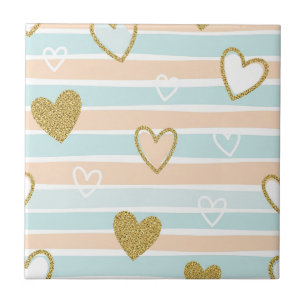 Azulejo Patrón de rayas de corazón pastel con estilo brill