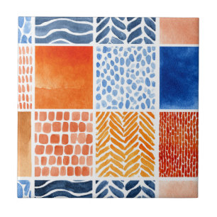 Azulejo Patrón de rejilla de acuarela vibrante en azul y n