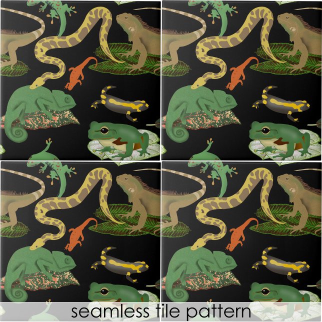Azulejo Patrón de reptiles, moluscos y anfibios sin soldad (Reptile, Lizards & Amphibians Seamless Pattern Ceramic Tile)