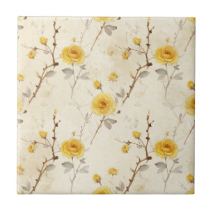 Azulejo Patrón de rosa amarilla vintage con follaje gris
