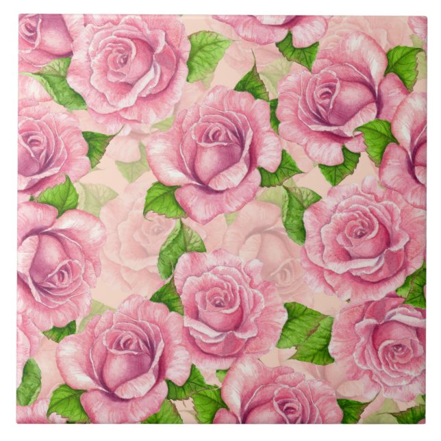 Azulejo Patrón de rosas en acuarela rosa (Frente)