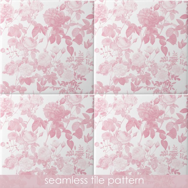 Azulejo Patrón de Rosas florales rosas blancas (Pink White Floral Roses Pattern Ceramic Tile)