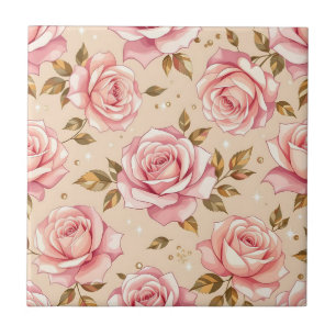 Azulejo Patrón de rosas rosadas con hojas doradas