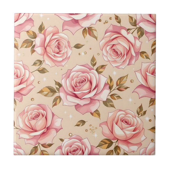Azulejo Patrón de rosas rosadas con hojas doradas (Frente)