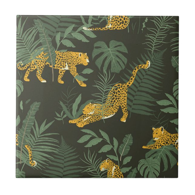 Azulejo Patrón de selva tropical con hojas de palma jaguar (Frente)