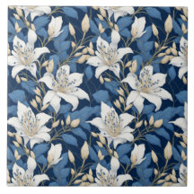 Patrón de selvas florales Gran Liliy Hojas azules