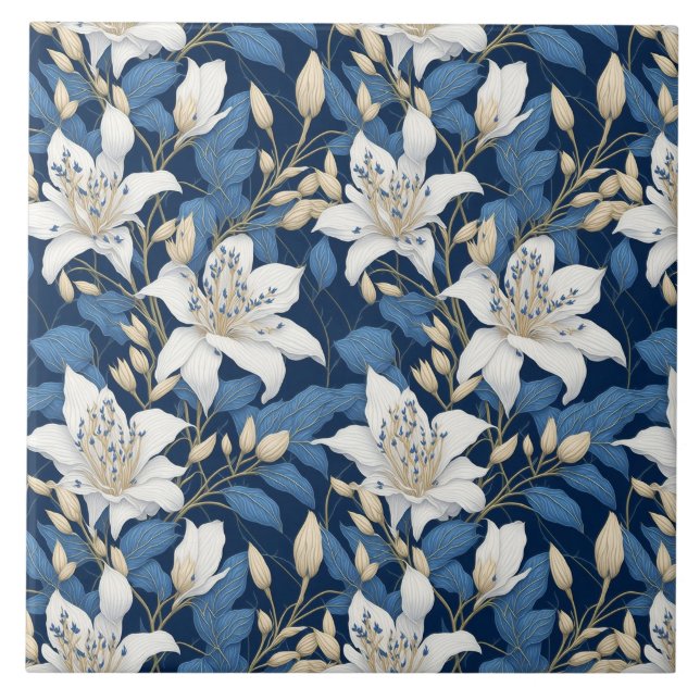 Azulejo Patrón de selvas florales Gran Liliy Hojas azules  (Frente)