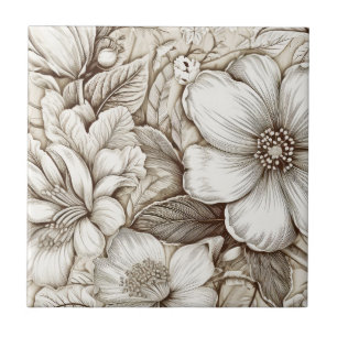 Azulejo Patrón de Sepia Floral Vintage (15)