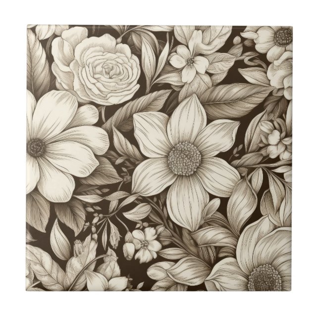 Azulejo Patrón de Sepia Floral Vintage (7) (Frente)