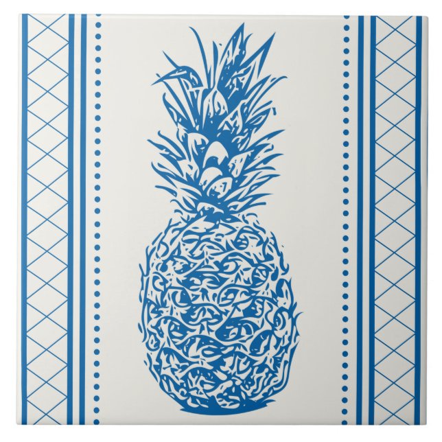 Azulejo Patrón de silueta de piña azul y blanca (Frente)