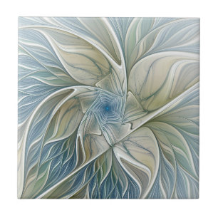 Azulejo Patrón de sueño floral abstracto azul caqui fracta