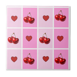 Azulejo Patrón de tablero de ajedrez de corazón de cereza 