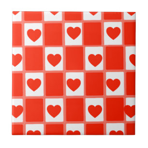 Azulejo Patrón de tablero de ajedrez de corazón rojo retro