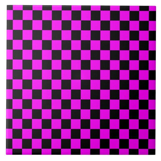 Azulejo Patrón de tablero de cheques negros + rosados (Frente)
