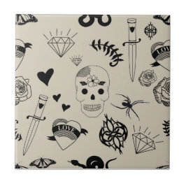 Azulejo Patrón de tatuaje dibujado a mano negro y beige