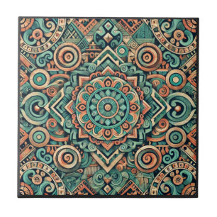 Azulejo Patrón de terracota y azul teal inspirado en Aztec