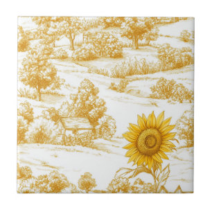 Azulejo Patrón de Toile de Girasol de Granja en Oro Cálido