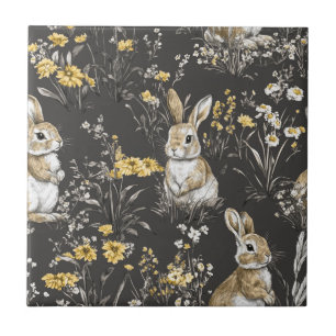 Azulejo Patrón de Toile Floral de Conejo Cottagecore Negro