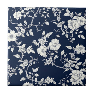 Azulejo Patrón de toile floral vintage azul (10)