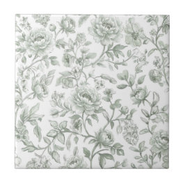 Azulejo Patrón de toile vintage floral verde salvia