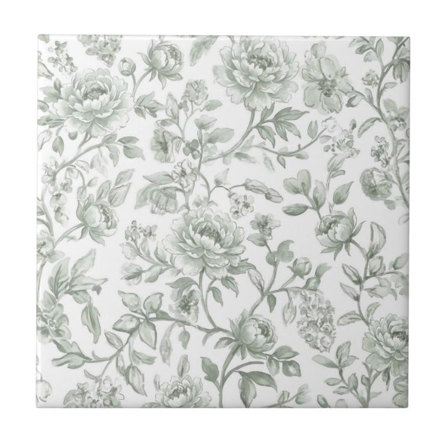 Azulejo Patrón de toile vintage floral verde salvia (Frente)